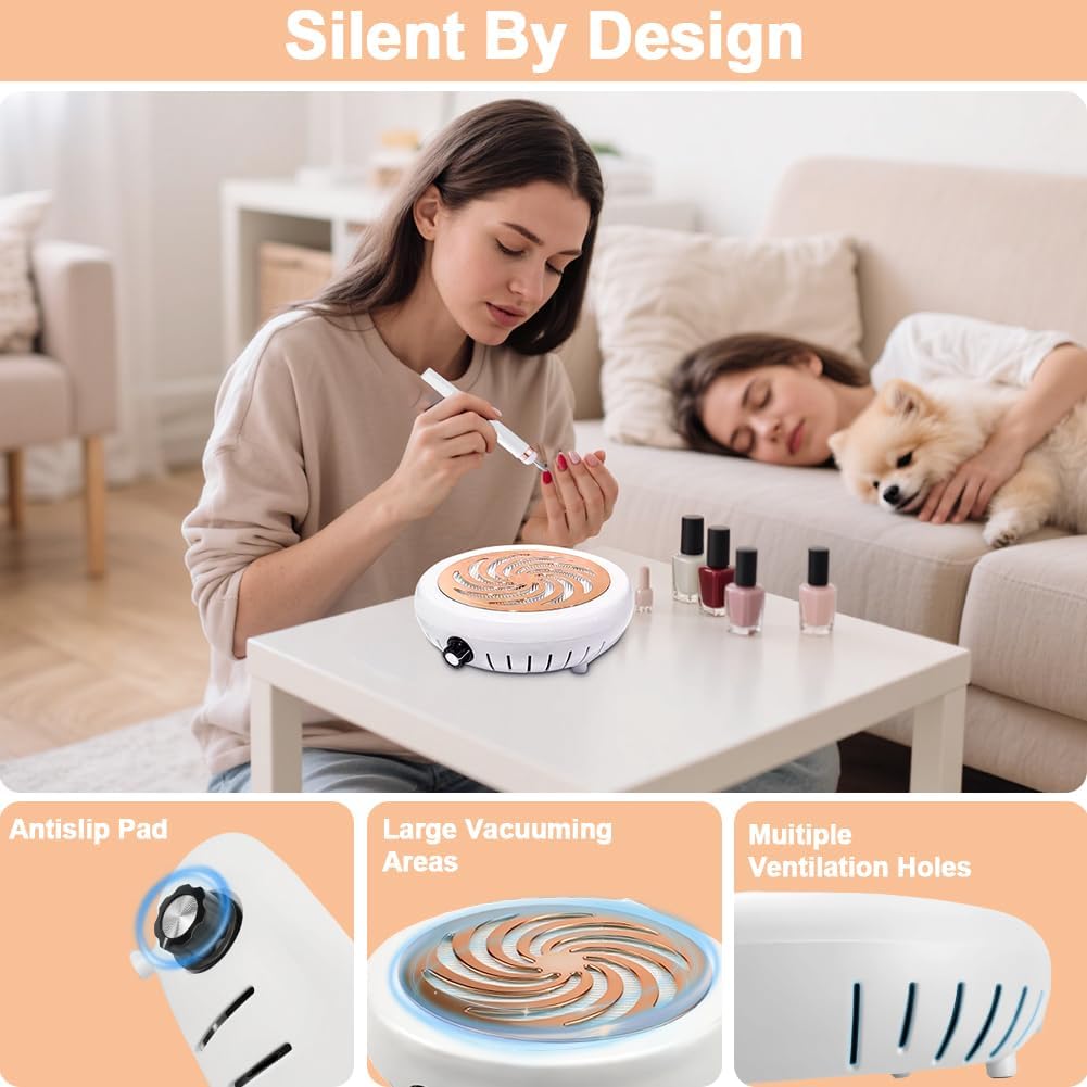 Nail Dust Collector - Compact Vacuum with Cleaner Brush & Reusable Filter | Ideal for Acrylic Nail Polishing, Home & Salon Use
