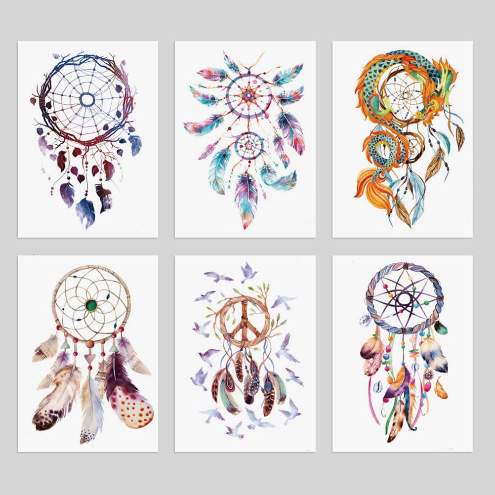 Oottati 6 Sheets Arm Large Temporary Tattoos - Colorful Dream Catcher Dreamcatcher Feather Dragon Bird World Peace