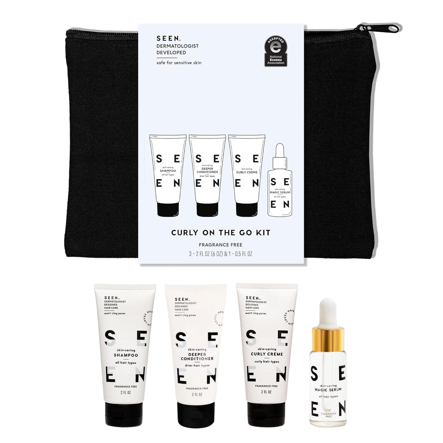 SEEN Curly On The Go Kit, Fragrance Free - Non-Comedogenic & Safe for Sensitive Skin - Curl-Defining Styling Hair Bundle - Anti Frizz - Heat Protectant