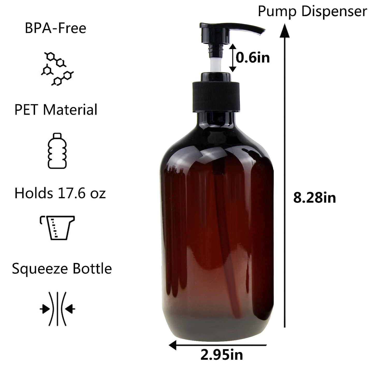 Empty Plastic Bottles with Pump Dispenser, 500ml/16.9oz (Amber, 6 Pack)