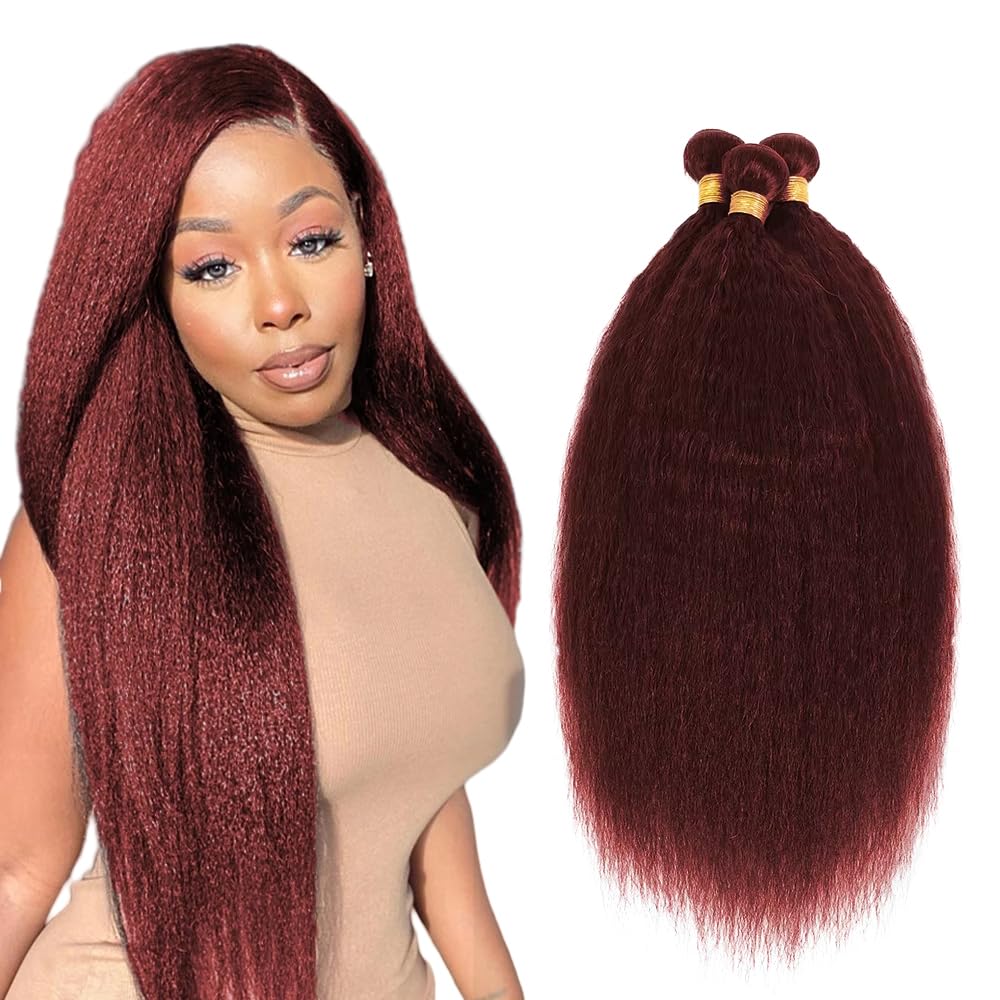 99J Burgundy Human Hair Bundles - Kinky Straight Brazilian Remy Hair Extensions | 20, 22, 24 Inch, 50g Each
