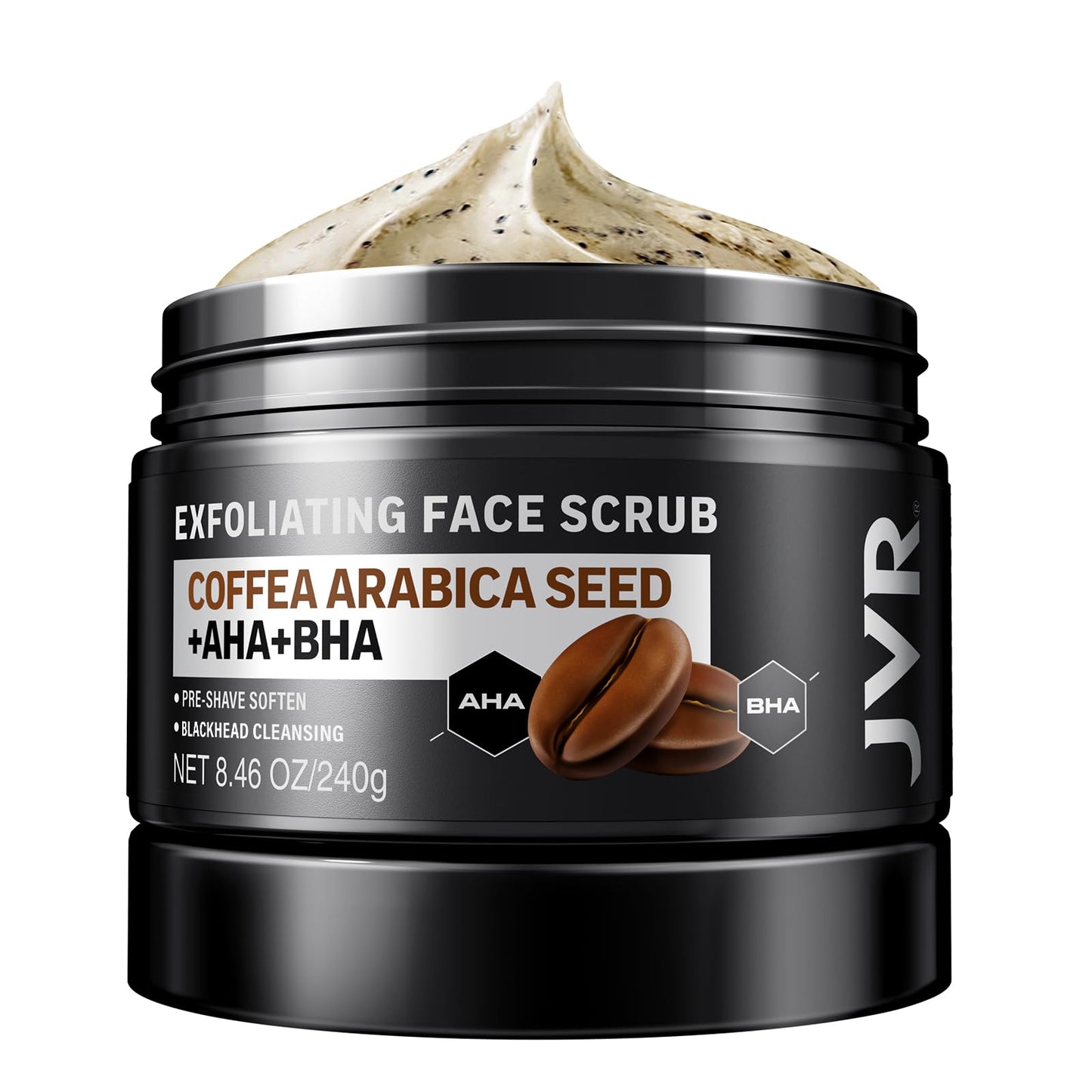 JVR Face Scrub for Men, Facial Scrub for Deep Exfoliating, Cleansing Blackheads, Ingrown Hair, Pre-shave Soften, Organic Formulated with Coffee Extract, AHA and BHA Face Exfoliator (8.46 oz)