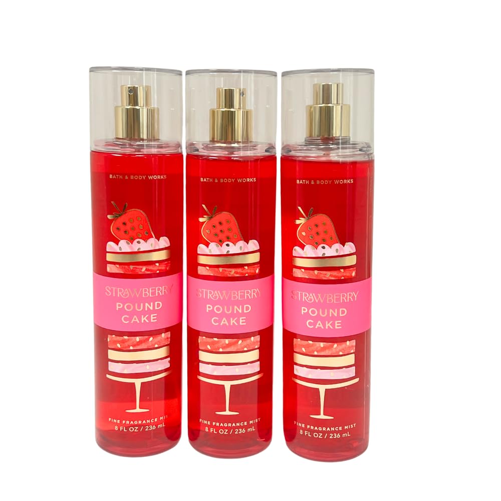 Bath & Body Works STRAWBERRY POUND CAKE Fine Fragrance Mist with a Red Bow for Holidays & Gifts 8 fl oz - 3 Pack