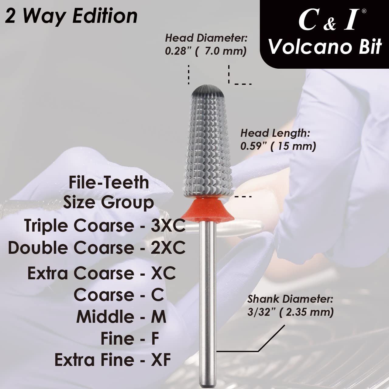 C & I Nail Drill, Volcano Bit, 2 Way Edition Efile for Nail Techs to Remove Nail Gels Acrylic Nails and Dipping, Double Hand Use Drill Bit for Electric Manicure Drill Machine (Fine -F)