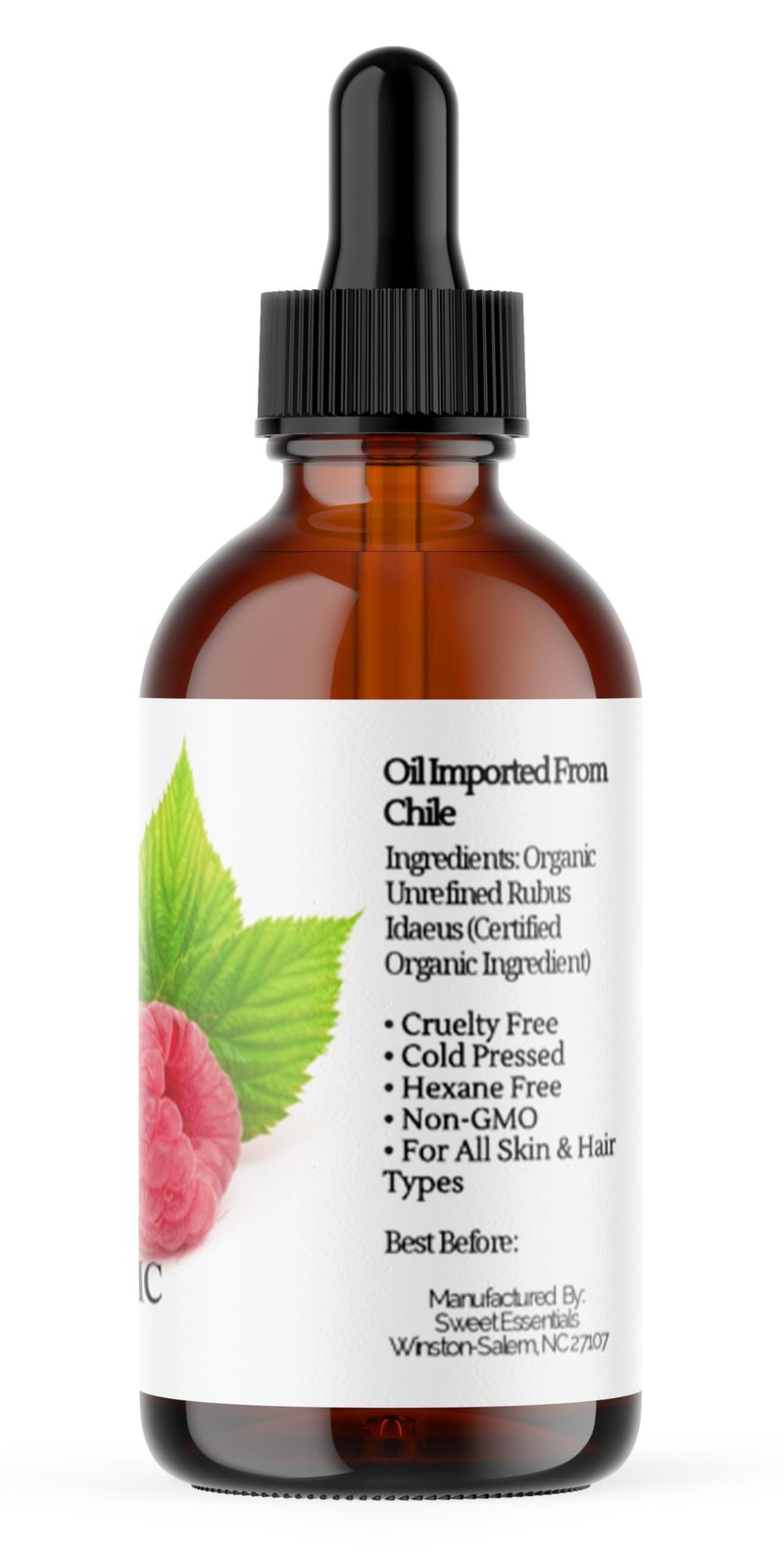 Sweet Essentials 100% Organic Red Raspberry Seed Oil | Imported From Chile | 100% Pure | Cold-Pressed | Natural Moisturizer for Skin, Hair and Face (4oz Glass Bottle With Glass Dropper)
