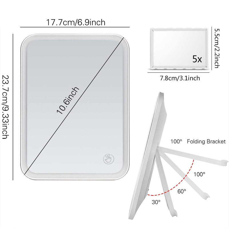 KOOKIN Lighted Vanity Makeup Mirror with Lights 3 Color Lighting Modes Rechargeable Touch Screen Adjustable Tabletop Wall Hanging Led Light Up Mirror with Mini 5X Hand Mirror