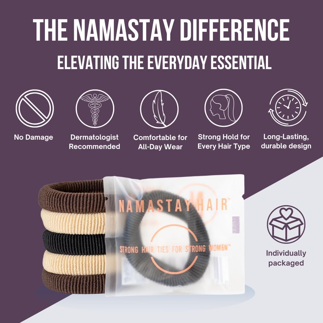 Namastay Hair Soft Elastic Hair Ties | No Damage Hair Ties for Thick Hair | Seamless, Non-Slip, Comfortable & Durable Elastic Hair Bands for Women's Hair | Unbreakable 12 Pc Black, Blonde & Brunette