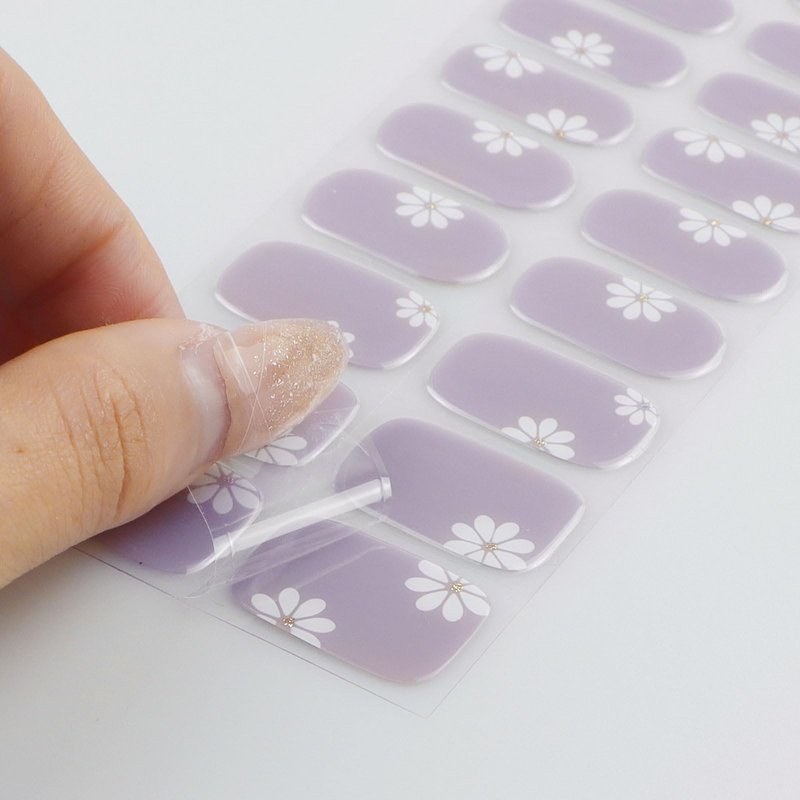 JMEOWIO Gel Nail Stickers White Flower Light Purple Semi Cured Gel Nail Strips Wraps UV/LED Nails Art Design Decoration Accessories