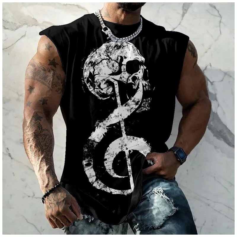 Graphic Tees for Men Novelty Workout Shirts Soft Collarless Loose Athletic Tees Big Breathable Skull Black,2XL