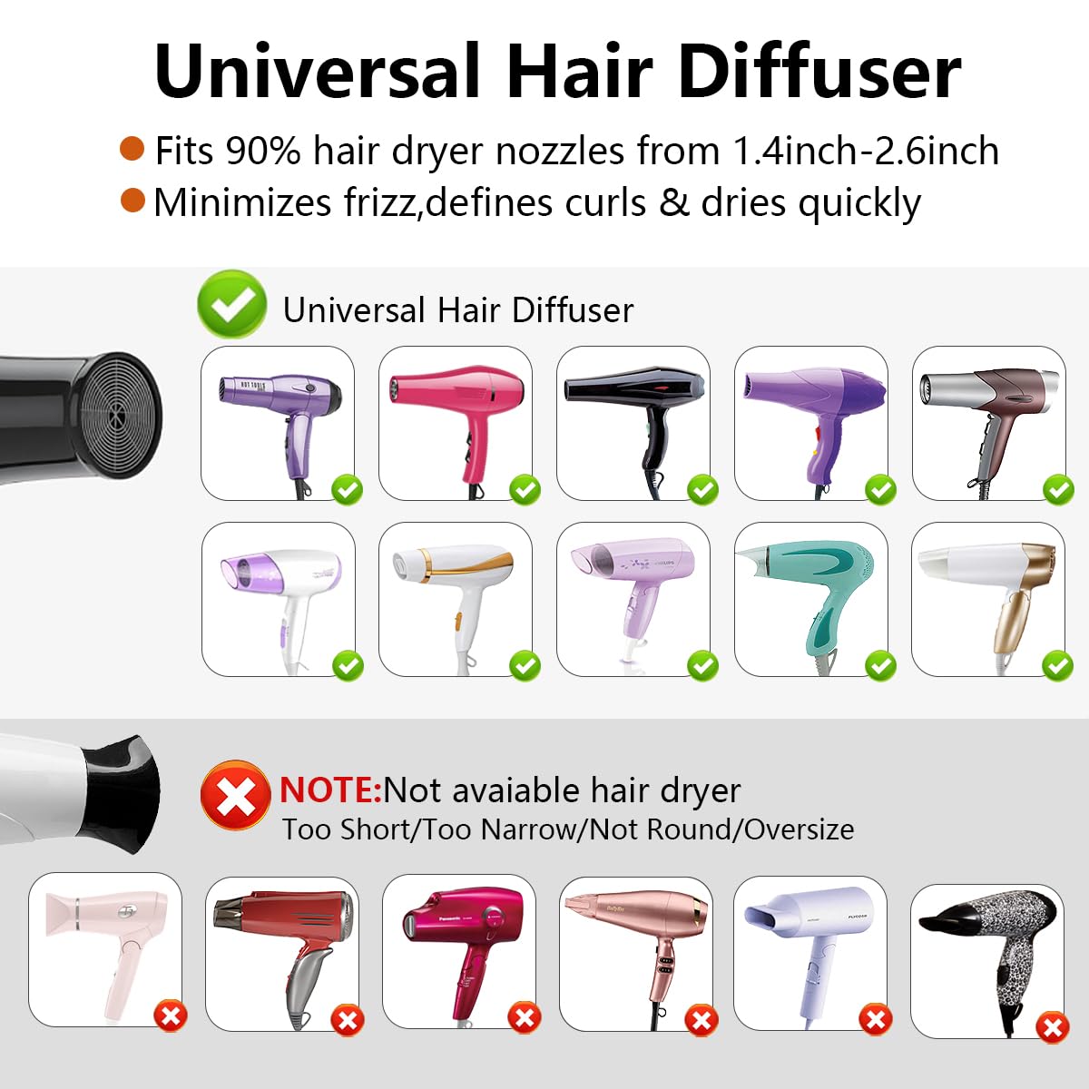 Universal Hair Diffuser Hair Dryer Diffuser Attachment for Curly Wave Thick and Nature Hair Profession Blow Dryer Diffuser Attachment Use Honeycomb Element Adjustable to 1.4-2.6 inch for Dryer Nozzle