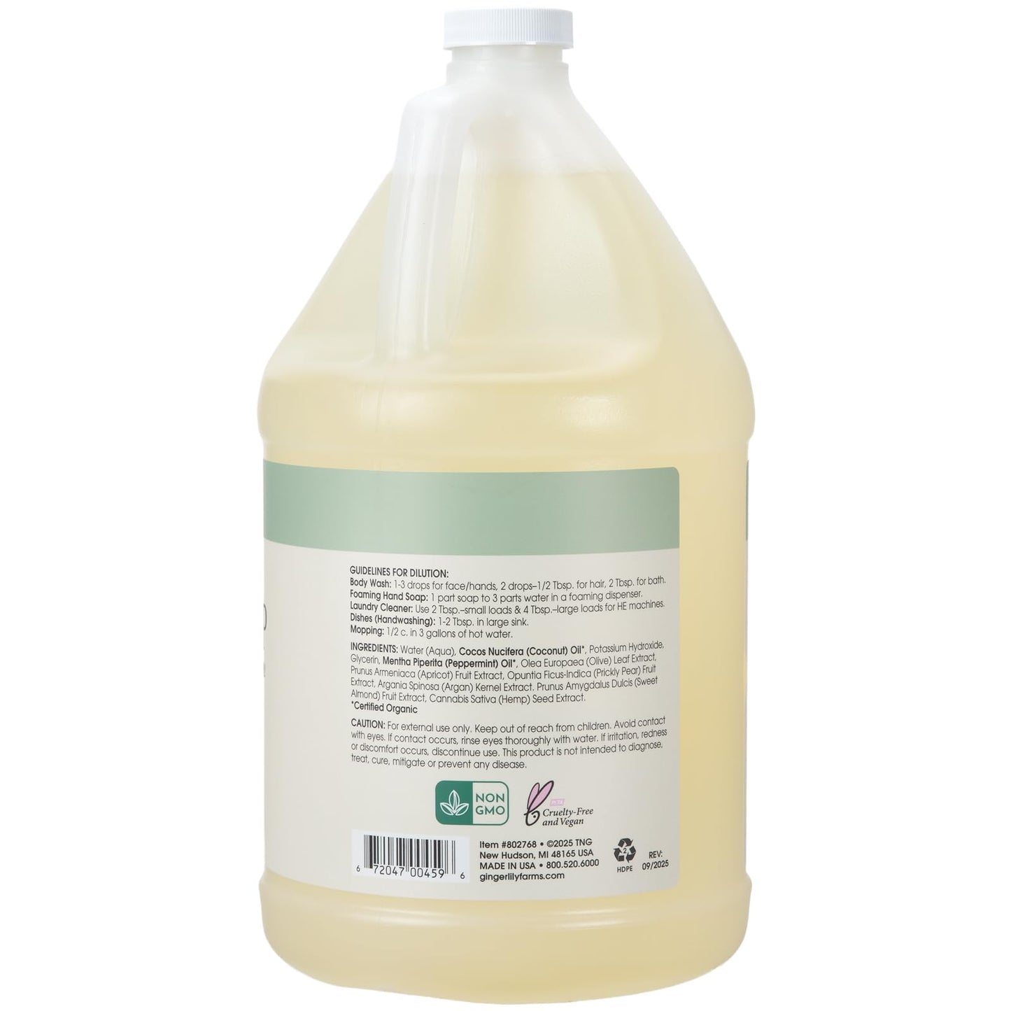 Ginger Lily Farms 1 gal Pure Castile Liquid Soap Refill, Peppermint Scent