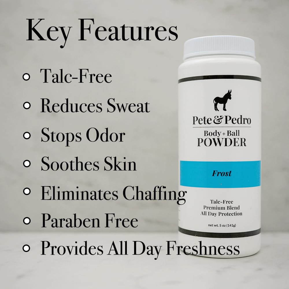 Pete & Pedro FROST Body & Balls Powder & FRESH Natural Body Bar Soap Combo – Talc-Free Ball Powder for Men 4.4 oz | Hydrating & Exfoliating Soap Bar Shea Butter & Pumice 5 oz | Eliminates Sweat & Odor