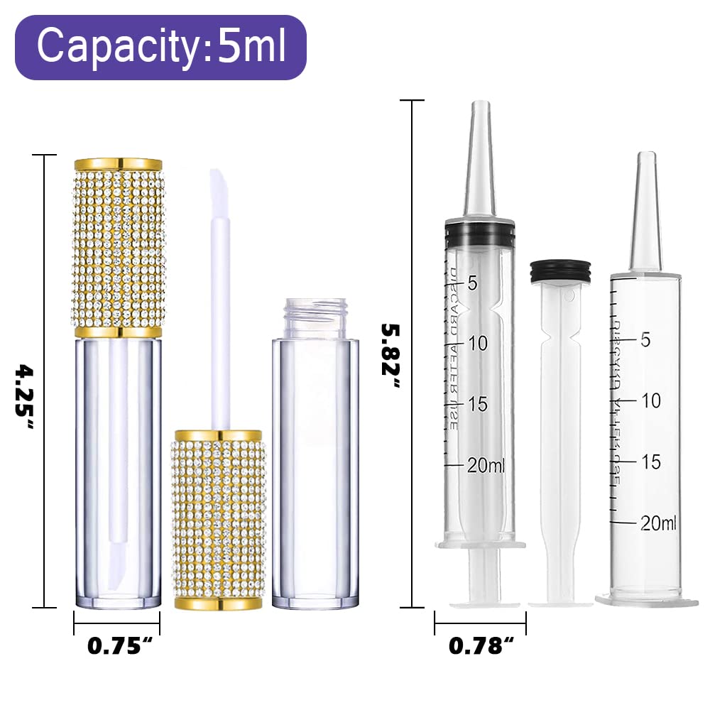 Gold Crystal Lip Gloss Tubes - 24 Pack 5ml Empty Containers with Wand, Syringes & Labels for DIY Lip Balm