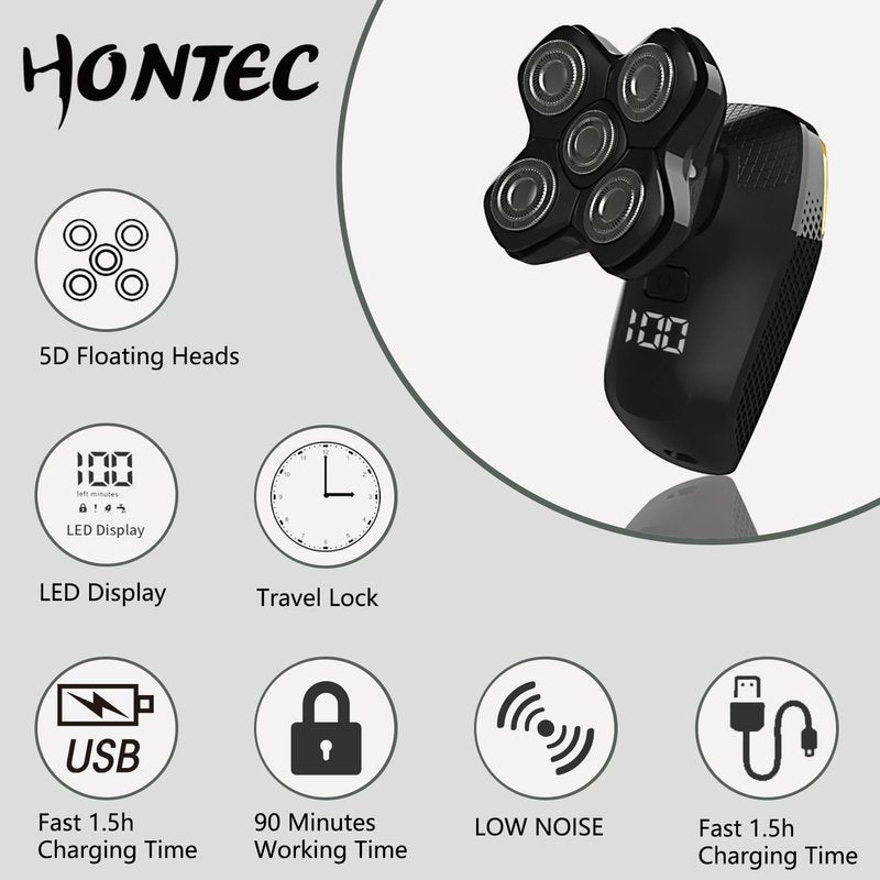 HONTEC Revolutionary Upgrade Bald Men's 4-in-1 Electric Head Shavers Cordless Comfortable IPX7 Waterproof m Wet/Dry Use Equipped with Clippers, Trimmers & Cleansing Rechargeable for Smooth Shave