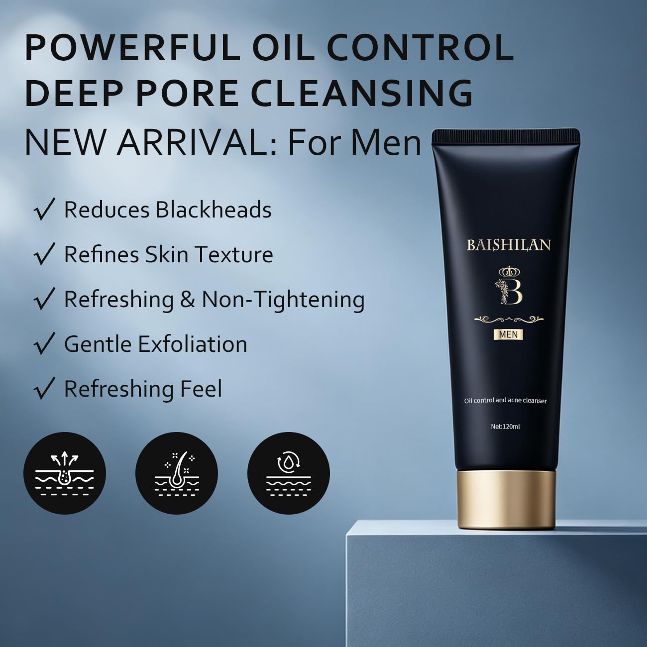 baishilan Men's Oil Control Face Wash, Exfoliating Face Wash Deeply Cleanses to Unclog Pores， Amino Acid Facial Cleanser, Daily Skincare for Men, Suitable for Oily & Sensitive Skin 4.23 Fl Oz