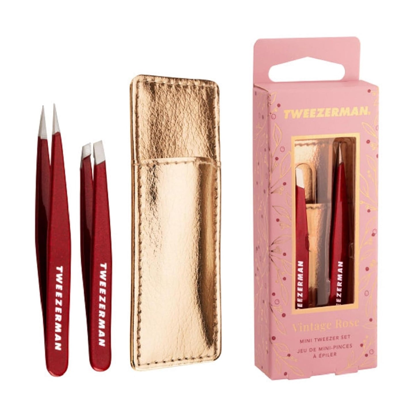 Tweezerman Mini Tweezer Set - Vintage Rose Design with Travel Case | Precision Grooming Tools