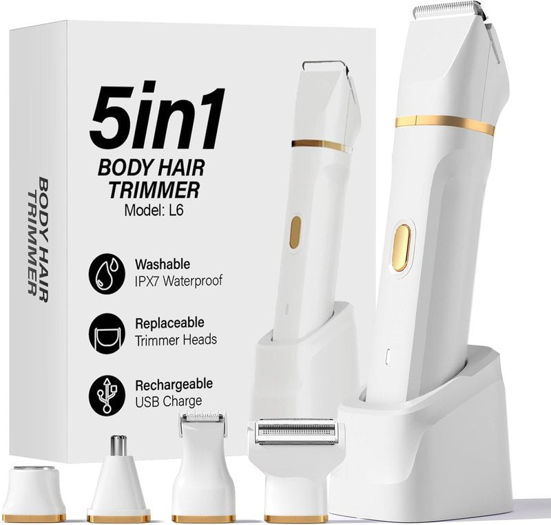 Bikini Trimmer for Women - 5-in-1 Electric Razor for Sensitive Skin | Waterproof Hair Removal Shaver - White