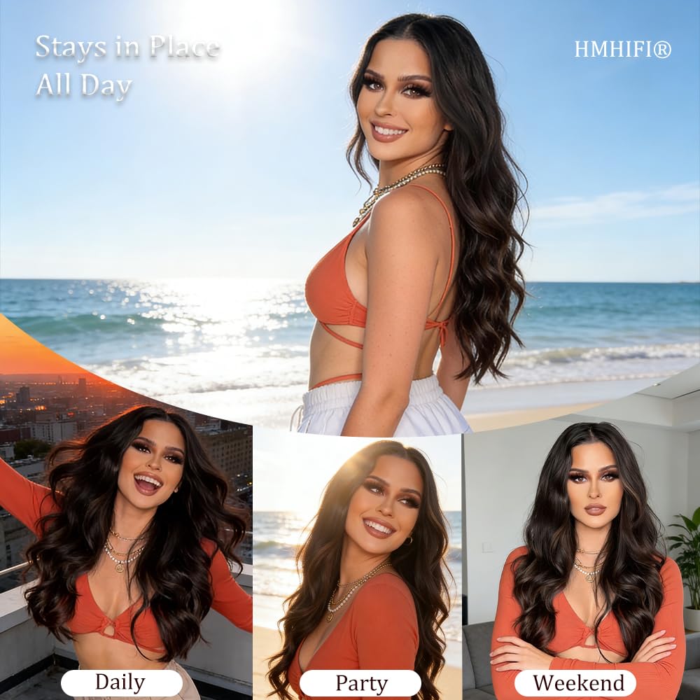 HMHIFI Long Brown Wig for Women 26Inch Wavy Curly Dark Brunette Hair Wigs Synthetic Hair Replacement Heat Resistant Hair Wig for Daily Party Use