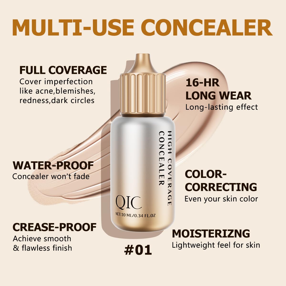 QIC Under Eye Concealer - Hydrating Concealer Full Coverage for Dark Circles, Spots, Acne & Blemishes Delivers A Satin Finish, Long Wear Cruelty-Free, Medium Neutral, 0.34 FL.OZ