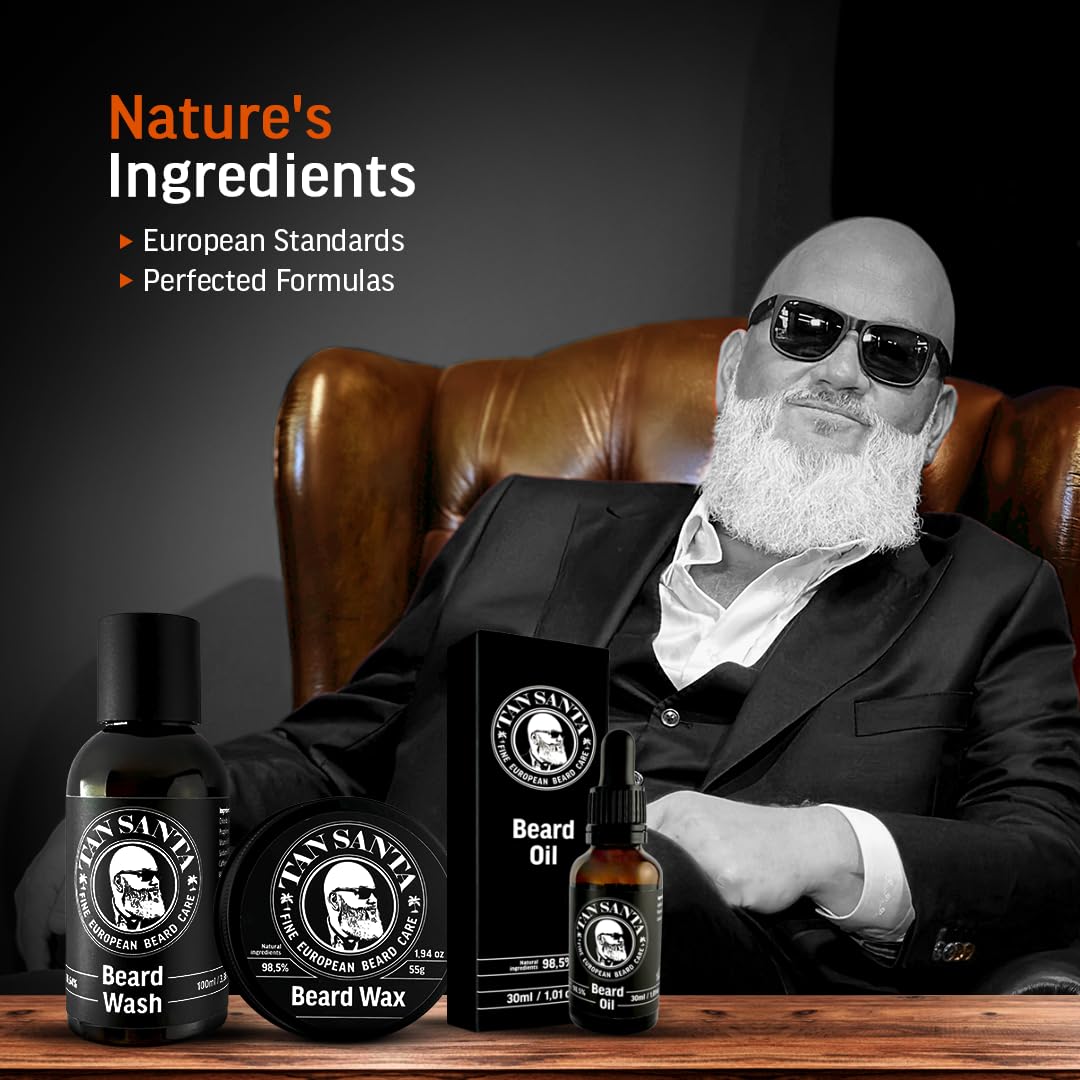 Tan Santa Beard Care Kit for Men - 3 pack - Beard Oil, Beard Wash, and Beard Wax. Small batch European formulations