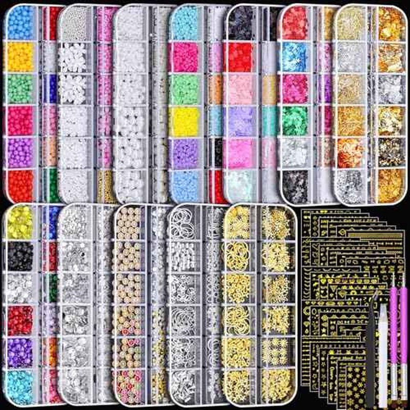 12 Boxes Nail Gems and Charms, Gold Charms for Nails Rhinestones Kit with 30 Sheets Nail Art Stickers Crystals Flatback Pearls Nail Decals Fruit Nail Charms Pearls for Nails Design DIY Accessories