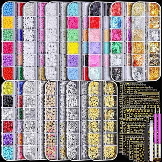 12 Boxes Nail Gems and Charms, Gold Charms for Nails Rhinestones Kit with 30 Sheets Nail Art Stickers Crystals Flatback Pearls Nail Decals Fruit Nail Charms Pearls for Nails Design DIY Accessories