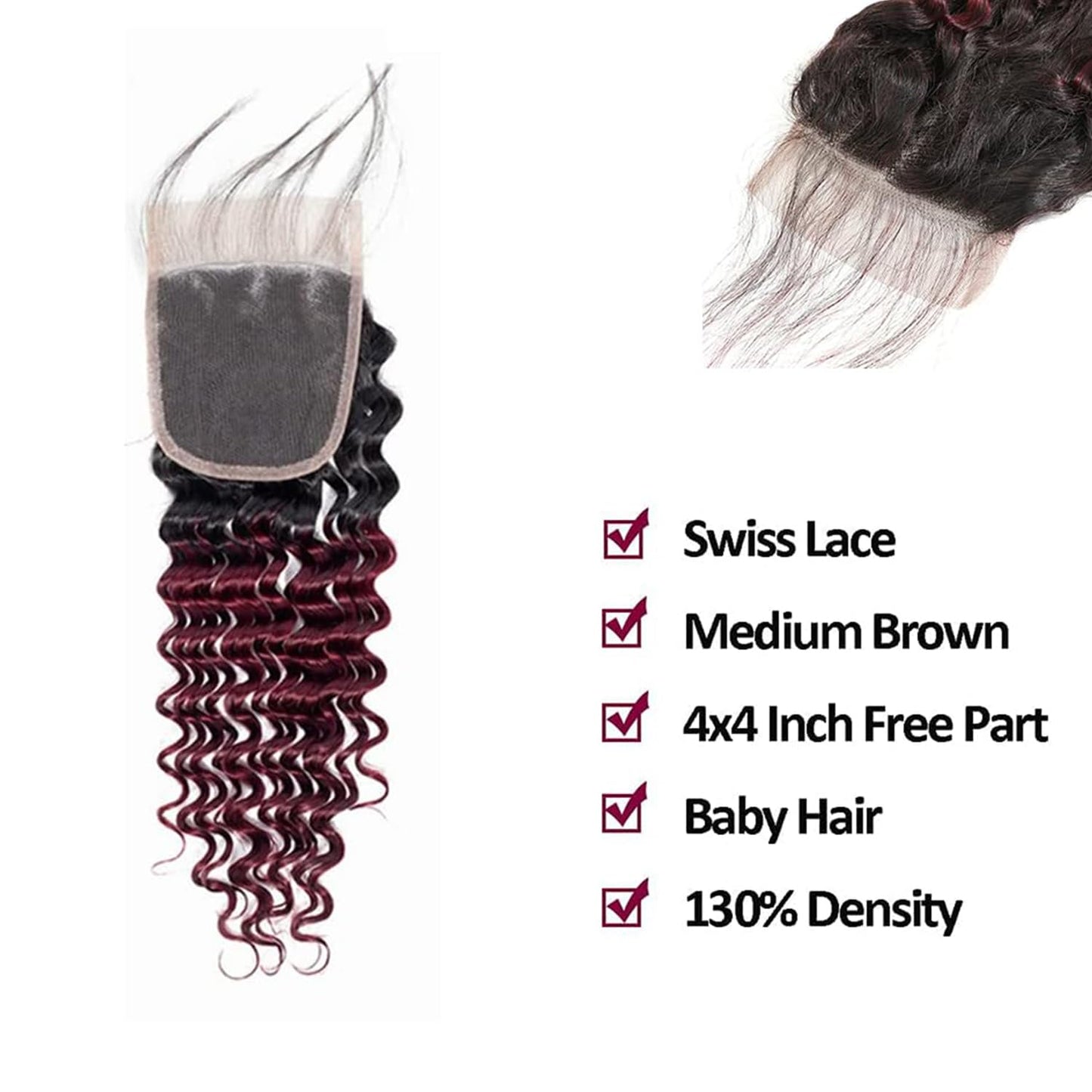 Deep Wave Human Hair Closure - 20 Inch 4x4 HD Transparent Lace | Black Burgundy Curly, High Density