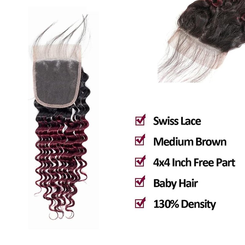 1b99j Burgundy Deep Wave Ombre Closure 4x4 Transparent Lace Closure Human Hair Unprocessed Brazilian Virgin Remy Hair High Density 2 Tone 1b/99j Wet And Wavy Deep Curly 18 Inch