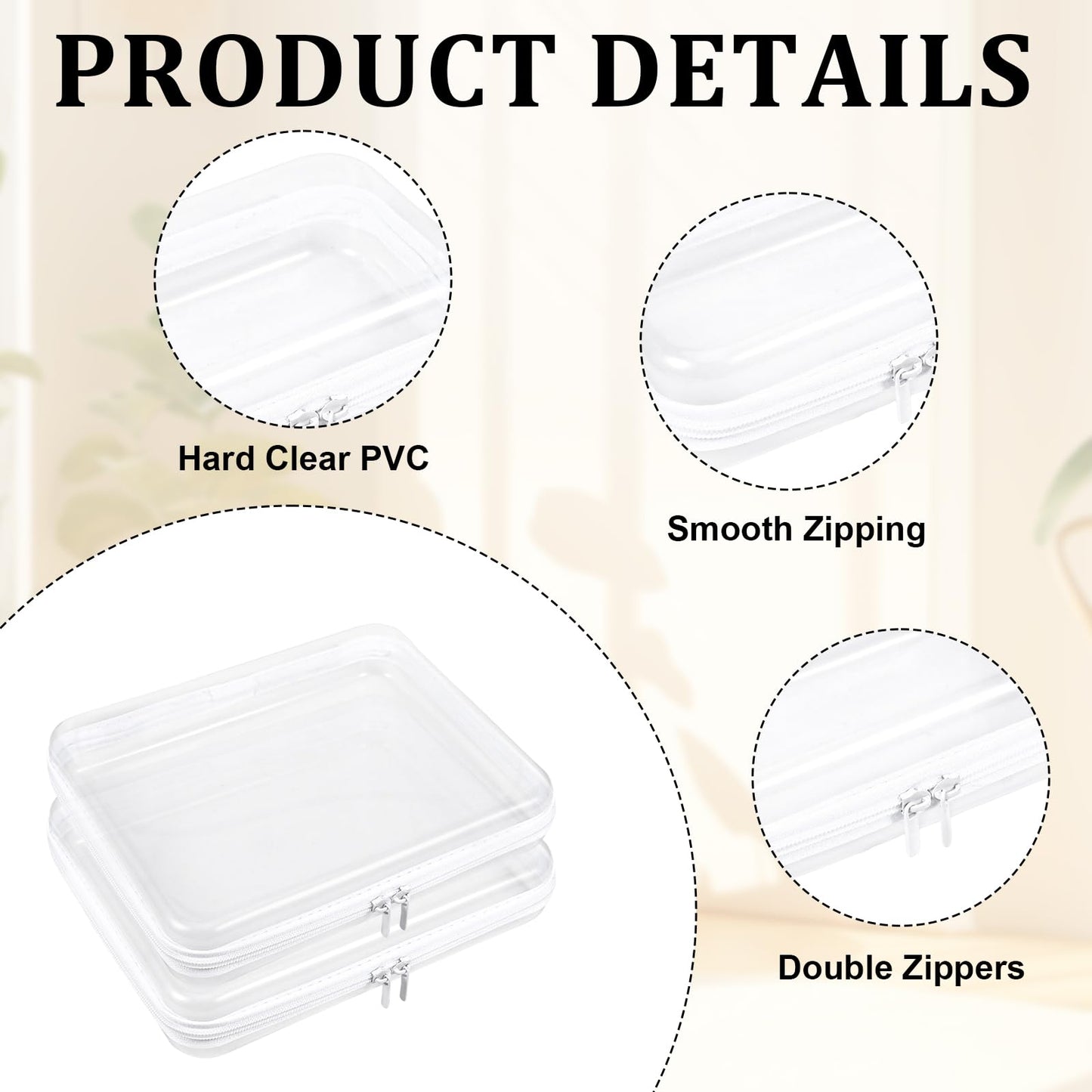 2 Pcs Clear Hard Shell Zipper Case, Portable Clear Zipper Pouches Hard Shell, Waterproof Plastic Transparent Storage Box Set with Double Zips for Cosmetic Stationery Snack Toy Storage Organizer Bins