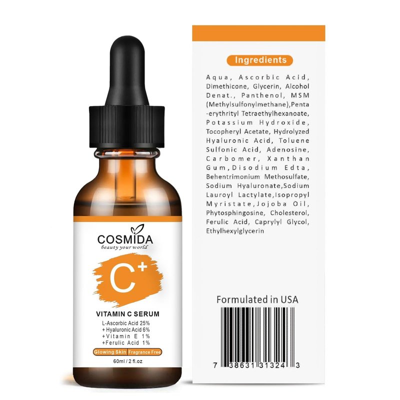 Cosmida Vitamin C Face Serum with Hyaluronic Acid,Anti Aging Skin Brightening Serum for Dark Spots,Acne,Wrinkles to Visibly Glow,Korean Skin care Ferulic Acid serum for Sensitive Skin