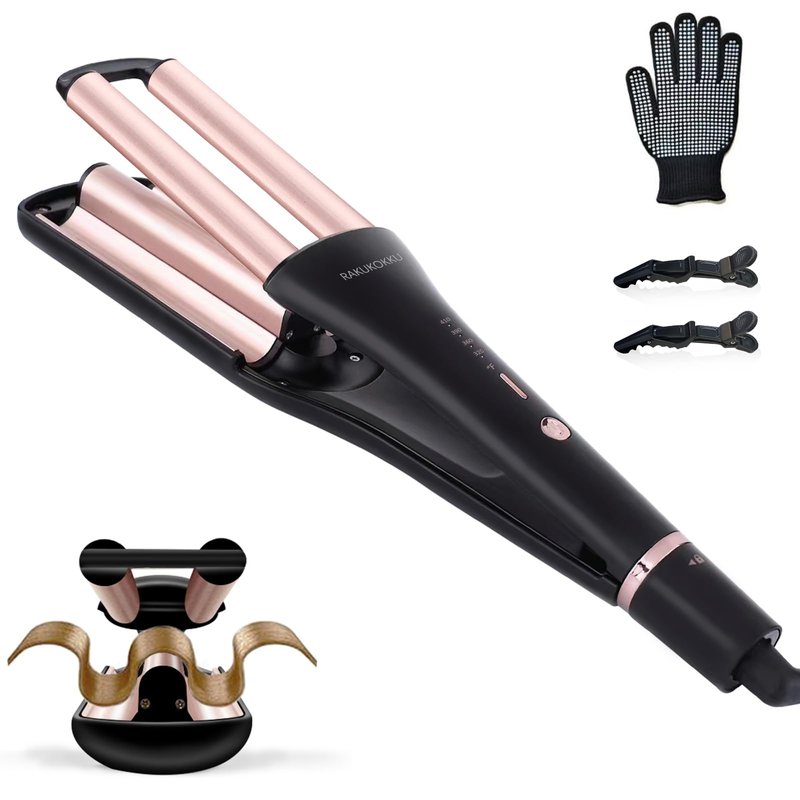 4 in 1 Crimper Hair Tool - Hair Waver with Adjustable Depths for 4 Wavy Styles, Beach Waves Curling Iron with 3 Ceramic Barrels, 4 Temperatures, Dual Voltage, for Women (Gold)