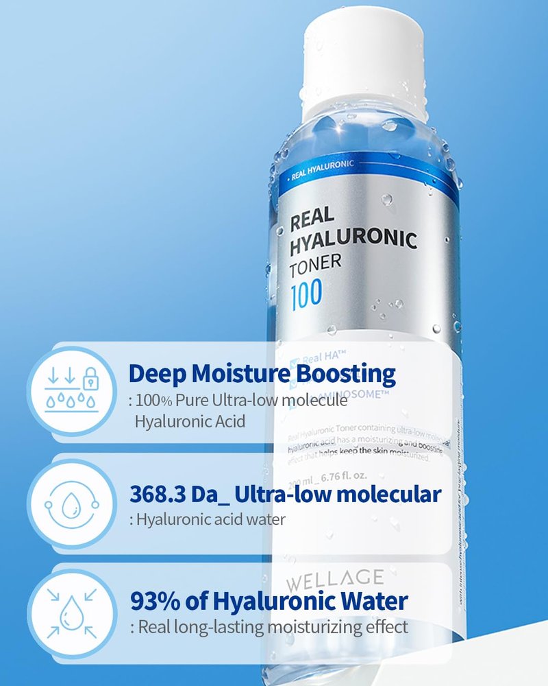 WELLAGE Real Hyaluronic Toner 100 for face, Korean Beauty Toner, 93% Hyaluronic Acid Water, Hydrating for Dry Skin - Deep, Quick Absorption, Hypoallergenic, Skin Irritation-Free, 6.76 fl.oz.