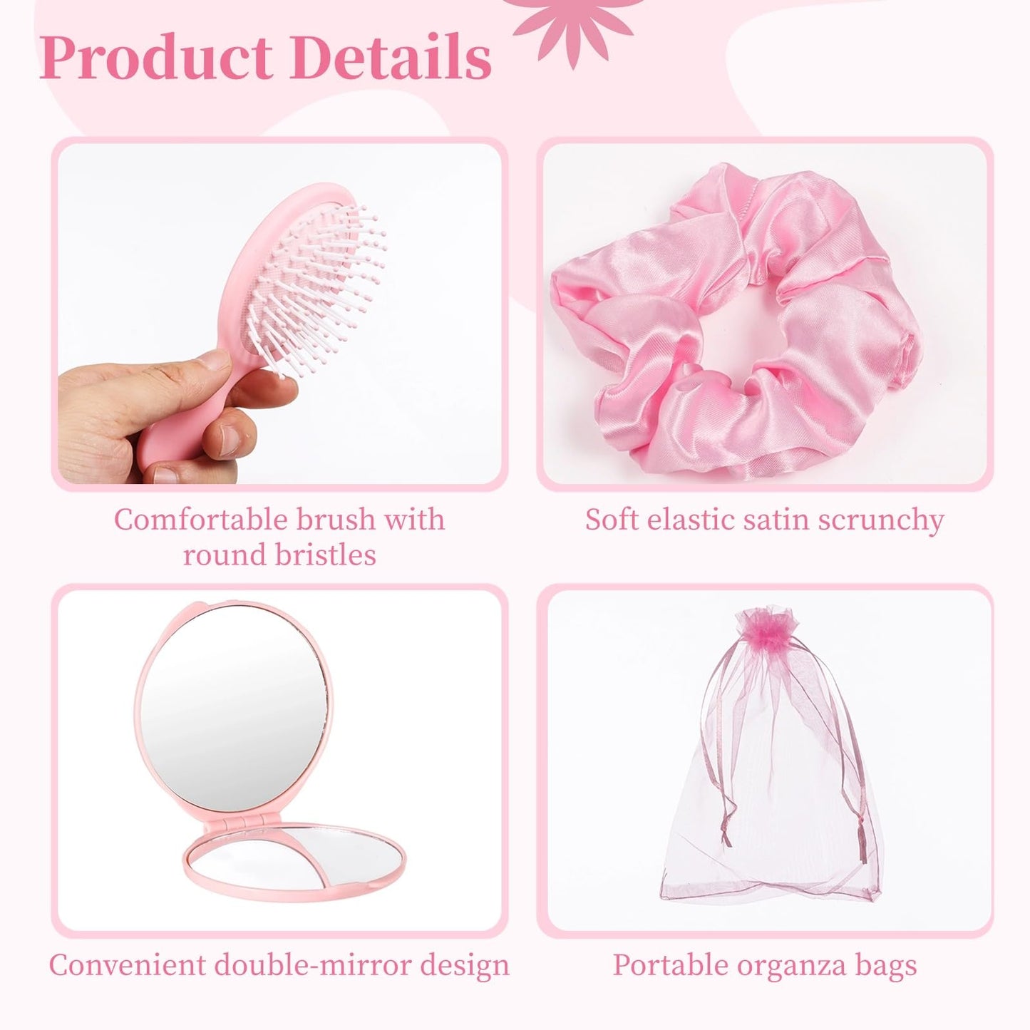 Tideme 48 Pcs Pink Party Favors, Pink Makeup Party Supplies, Including Hair Brushes, Elastic Scrunchies, Pocket Cosmetic Mirrors, and Organza Bags, Makeup Brush Accessories (48PCS)