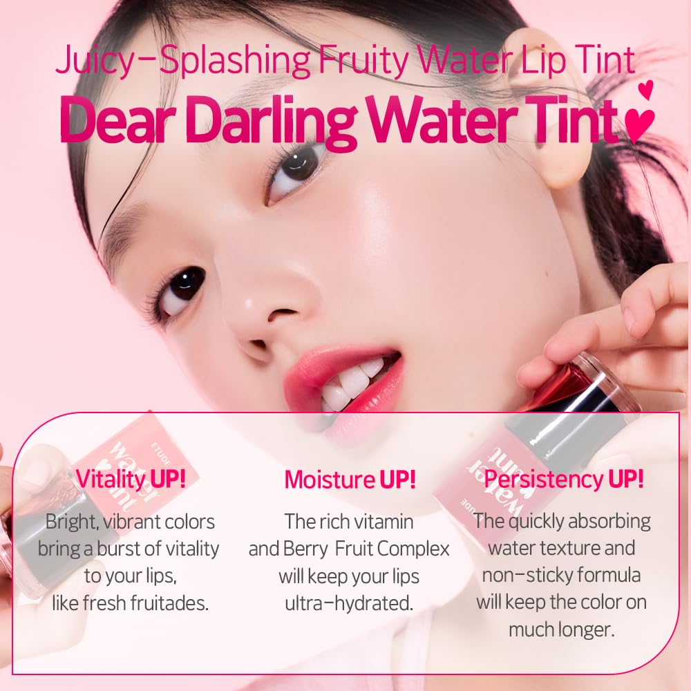 ETUDE Dear Darling Water Tint 3 Color Set, Strawberry Ade, Cherry Ade, Red Grapefruit Ade, Lip and Cheek Stain Trio, Korean Water Blush Tint, K-Beauty Makeup, 9g x 3