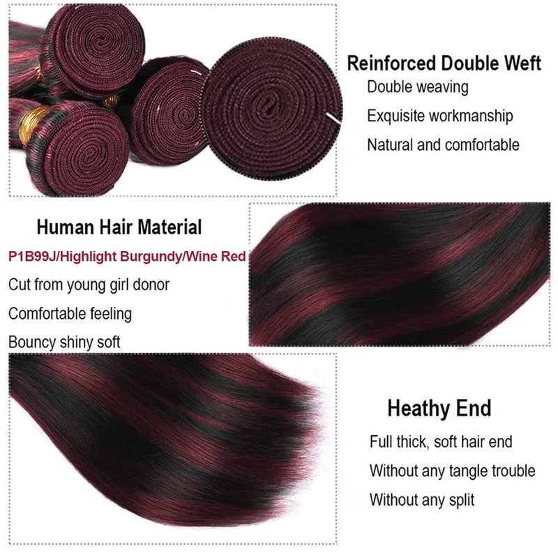 Highlight Straight Human Hair Bundles - Two Tone Black & Red Ombre | 3 Pack 12-14-16 Inch