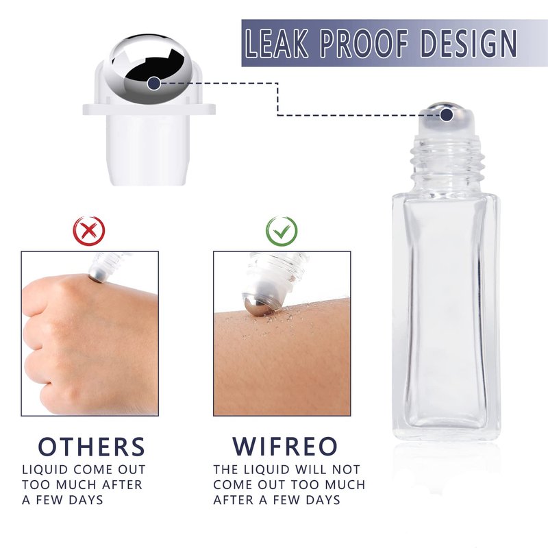 wifreo 20 PCS Essential Oil Roller Bottles, Clear Thick Glass Roller Bottles 5 ml for Essential Oils Roll on (4 Funnels, 5 Dropper)
