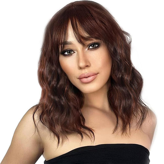 Ucubb Short Curly Wigs with Bangs for Women 14 Inches Wavy Bob Wig Synthetic Heat Resistant Fiber Wigs
