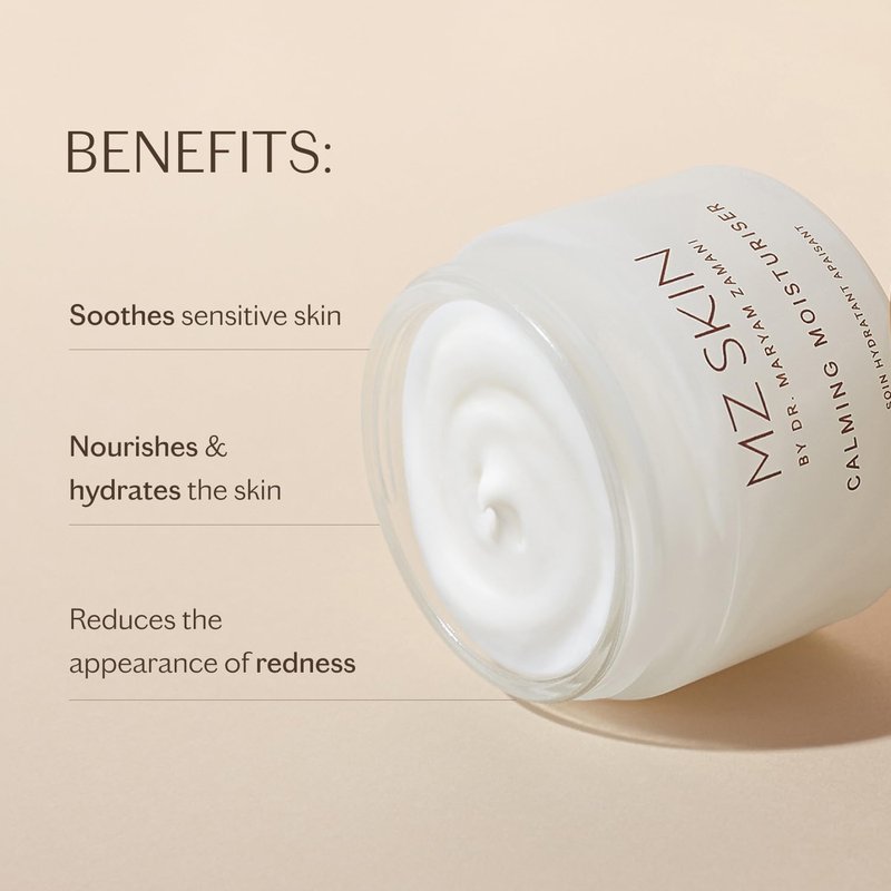 MZ SKIN Calming Moisturizer - Prebiotic Daily Hydrating Face Cream with Squalane & Cica | 1.69 fl oz for Sensitive Skin