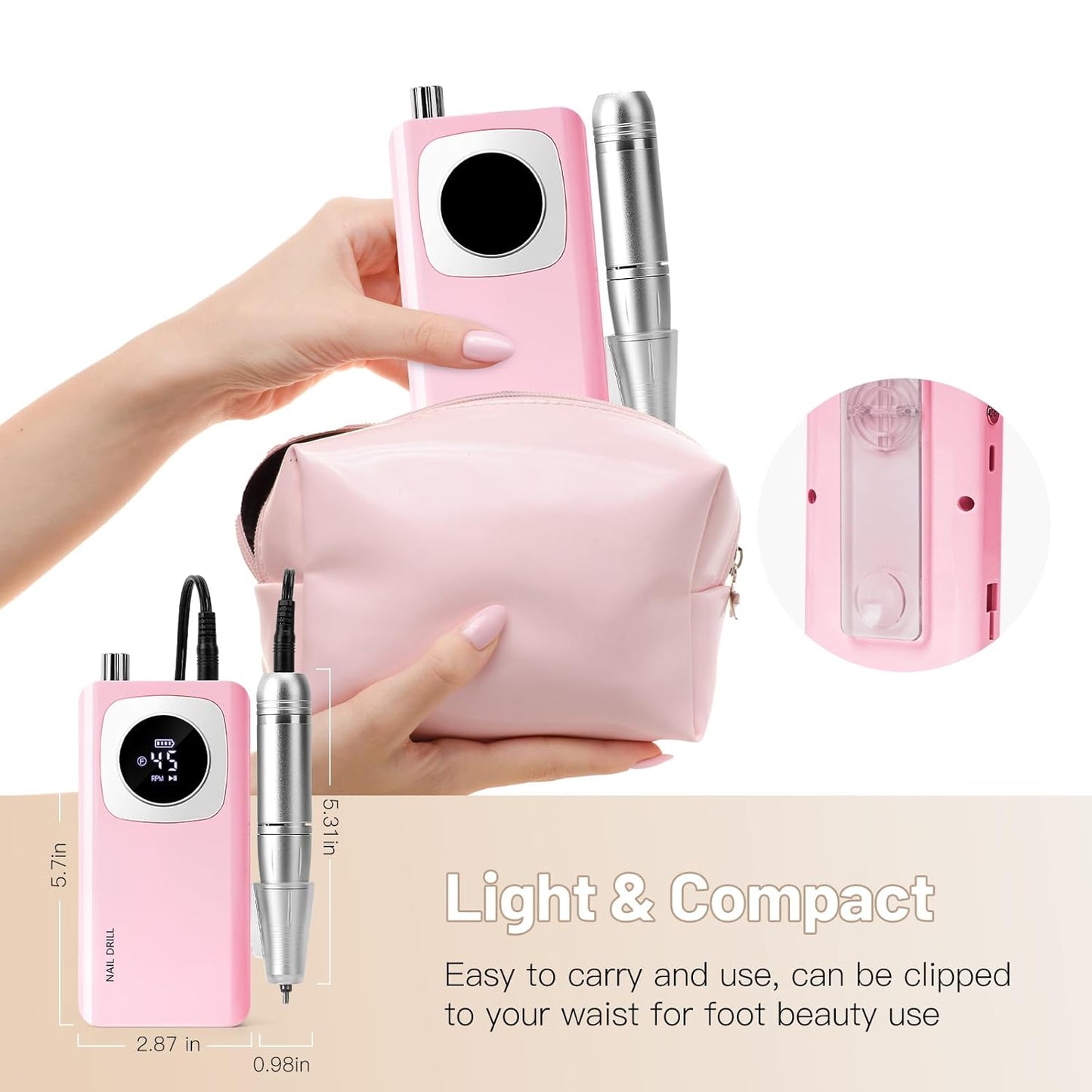 Rechargeable Electric Nail File - 45000RPM Portable Efile Nail Drill Kit for Acrylic Gel Nails | Cordless Pink Nail Drill for Salon & Home Use
