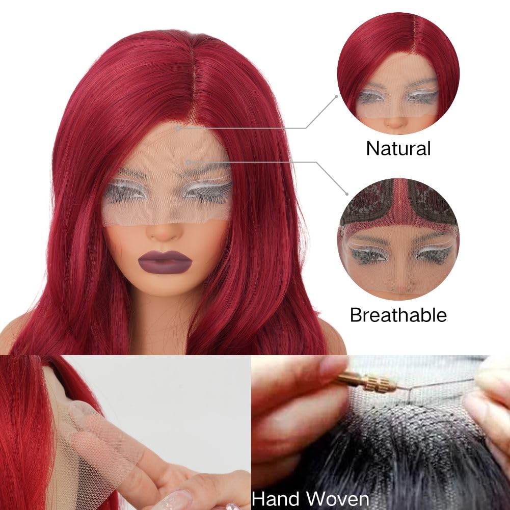 Salaibs Red Lace Front Wig Long Curly Wavy Wig for Women Side Part Natural Hairline Synthetic Heat Resistant Hair Wigs Cosplay Halloween Costume Wig
