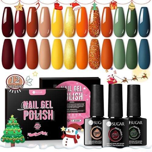 UR SUGAR Gel Nail Polish Set, 12 Colors Red Green Glitter Burnt Orange Yellow Burgundy Color All Season Soak Off Gel Polish Collection Home Nail Salon Gift Box for Women
