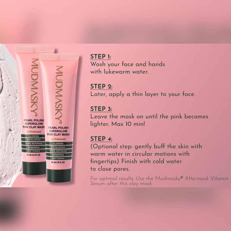 MUDMASKY Pearl Polish Superglow Pink Clay Mask 2.0 OZ - Mask-To-Scrub, MADE IN FRANCE, Made with A+ Grade AUSTRALIAN CLAY and bursting vitamin oil pearls