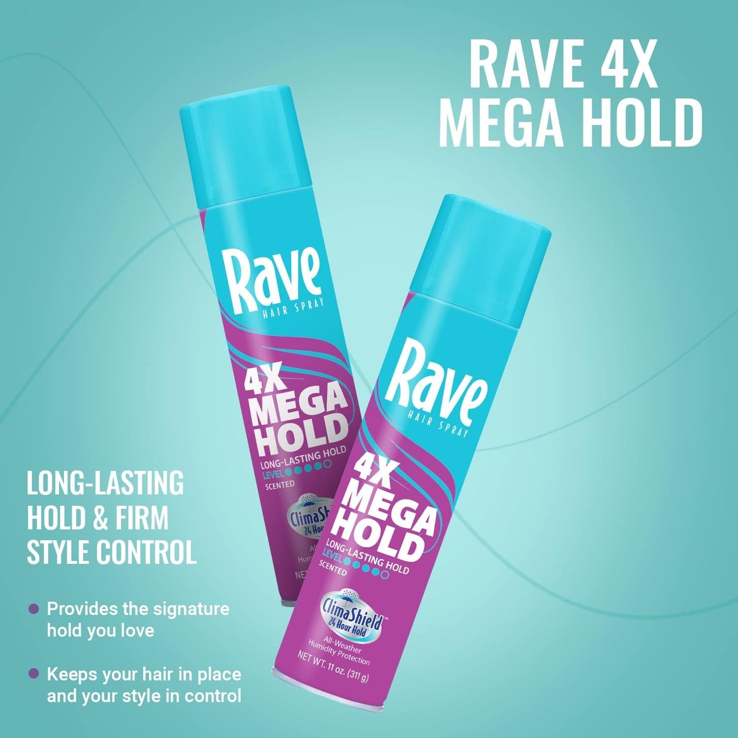Rave 4X Mega Long-Lasting Firm Hold Scented Hair Spray for Heat Protection, Volume and Shine - ClimaShield for Extra Humidity & Minimizes Frizz - 4 pc