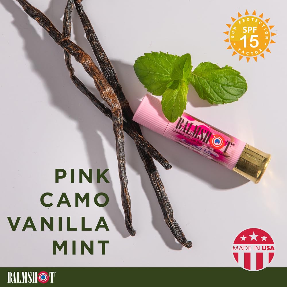 BALMSHOT Lip Balm 4-Pack - SPF 15 Beeswax with Aloe & Vitamin E | Classic, Cool Mint, Vanilla Mint & Pink Camo