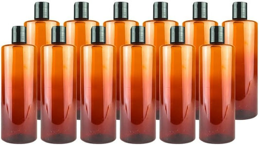 Amber Plastic Bottles - 16oz Reusable Shampoo & Lotion Containers | Pack of 12