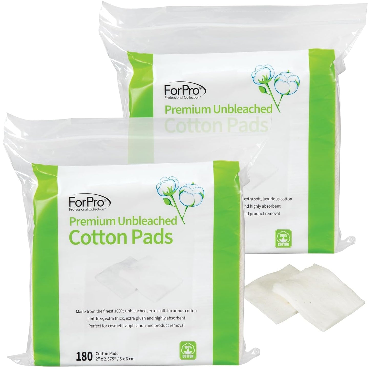 ForPro Professional Collection Premium Unbleached Cotton Pads (360-Count), 100% Unbleached Cotton Cosmetic Pads for Face, Extra Thick, Lint-Free, Vegan & Cruelty-Free, Pack of 2-180 Cotton Pads