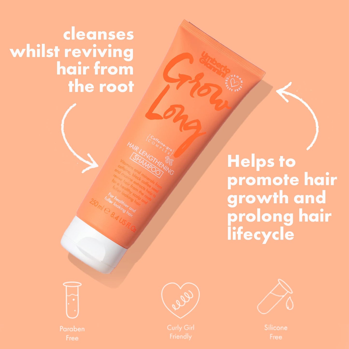 Umberto Giannini Grow Long Root Stimulating Caffeine Shampoo For Hair Growth - Vegan and Cruelty Free Haircare 8.4 FL OZ