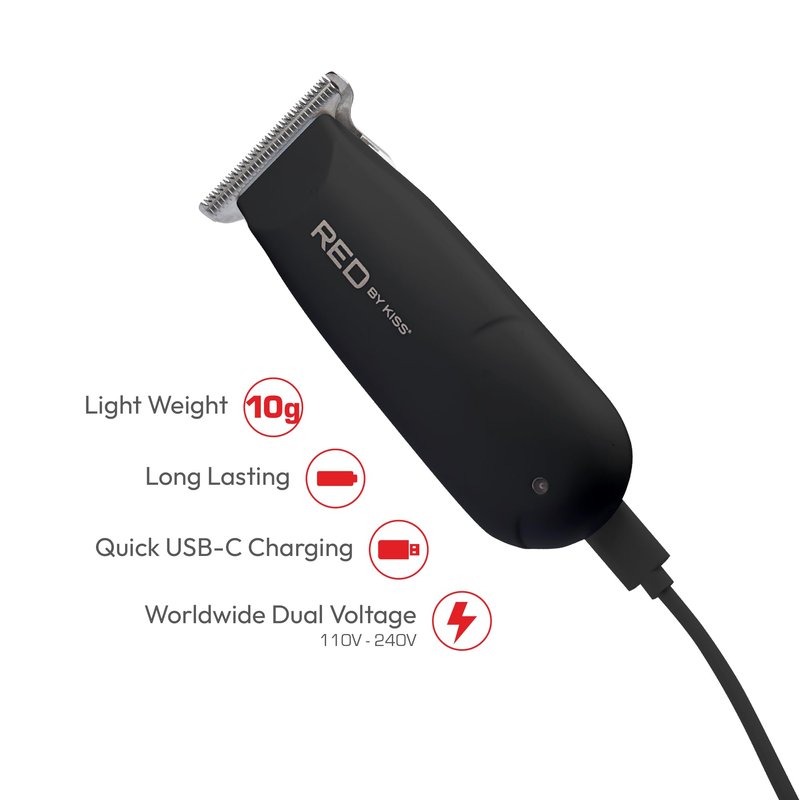 Red by Kiss Hair Clipper, Mini Cordless Hair Trimmer, Long Lasting Hair Cutting Kit, USB-C Rechargeable Haircut Beard Trimming Clippers for Men Women Kids, Portable Grooming Kit (Black)