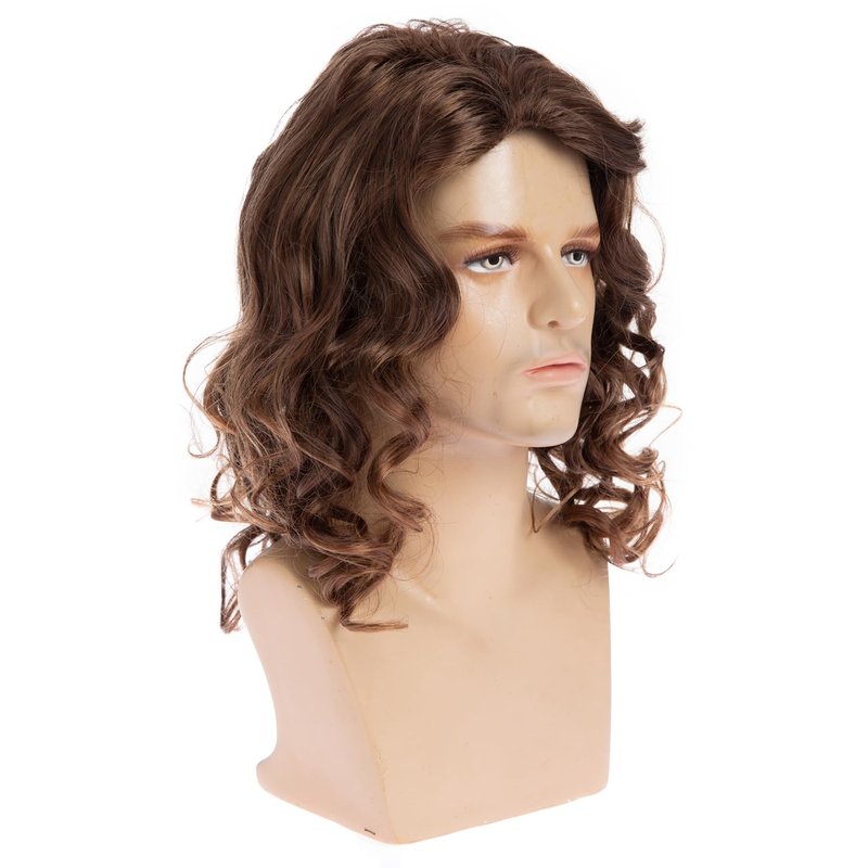 Beweig Brown Wig for Men Long Curly Wavy Synthetic Halloween Costume Party Wig for Male