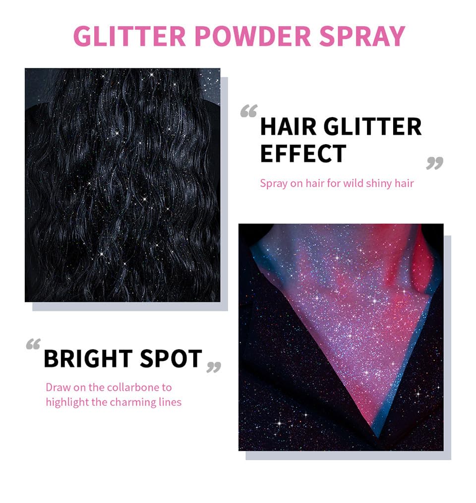 Body Glitter Spray【Long Lasting】【Skin Friendly】【Quick-Drying】 Glitter Spray for Hair/Body, 60ml